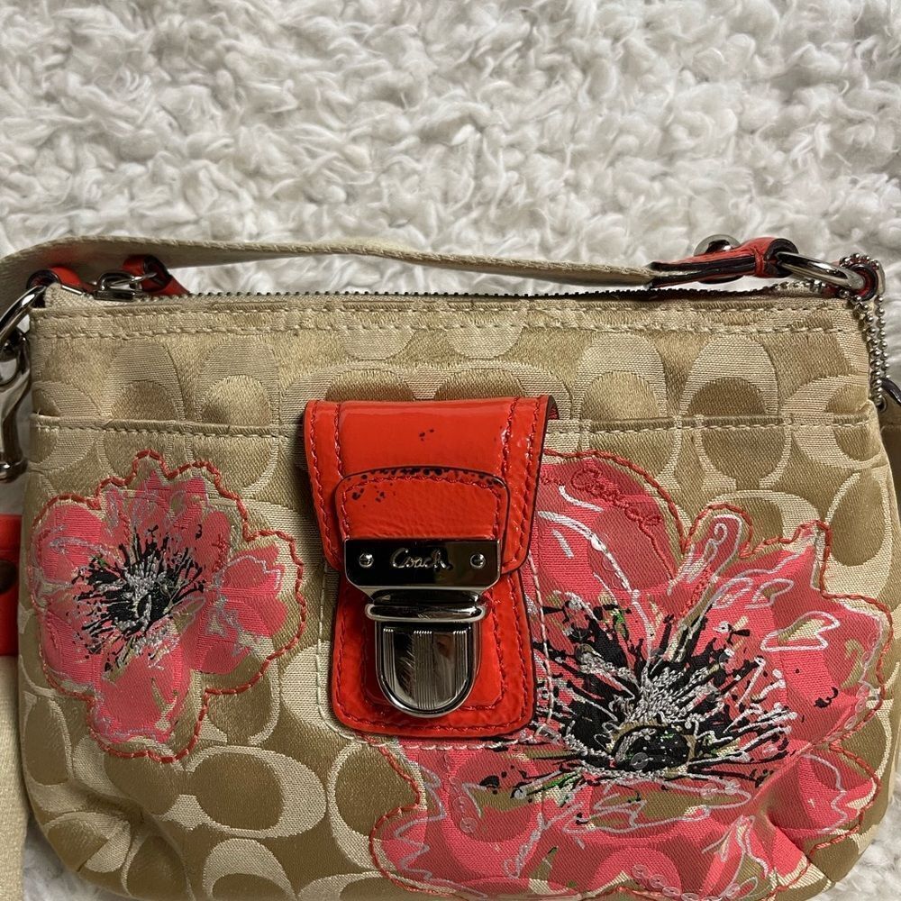 Coach poppy small canvas khaki logo crossbody bag sequins,black & Orange accents - Picture 13 of 15